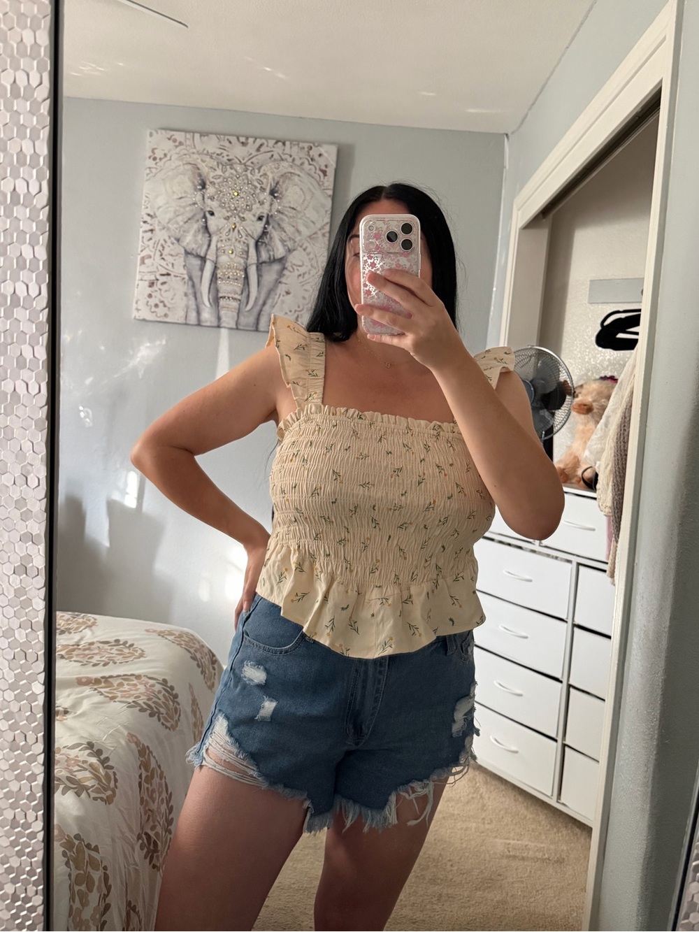 Smocked Floral Ruffle Cream Peplum Strap Tank Top Flutter Sleeves M Medium